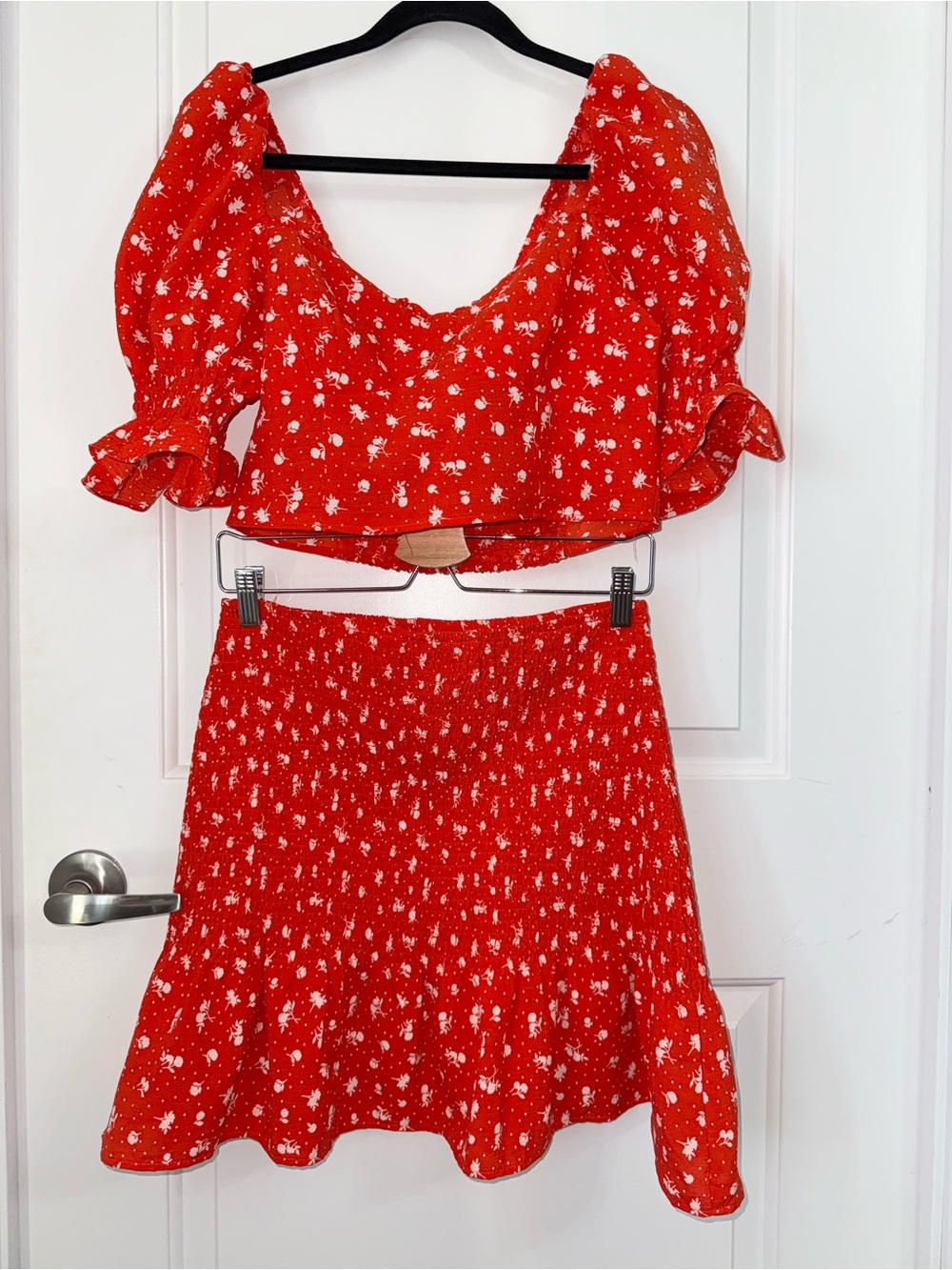 H&M Divided Red Floral Smocked Mini Skirt and crop top set medium and large